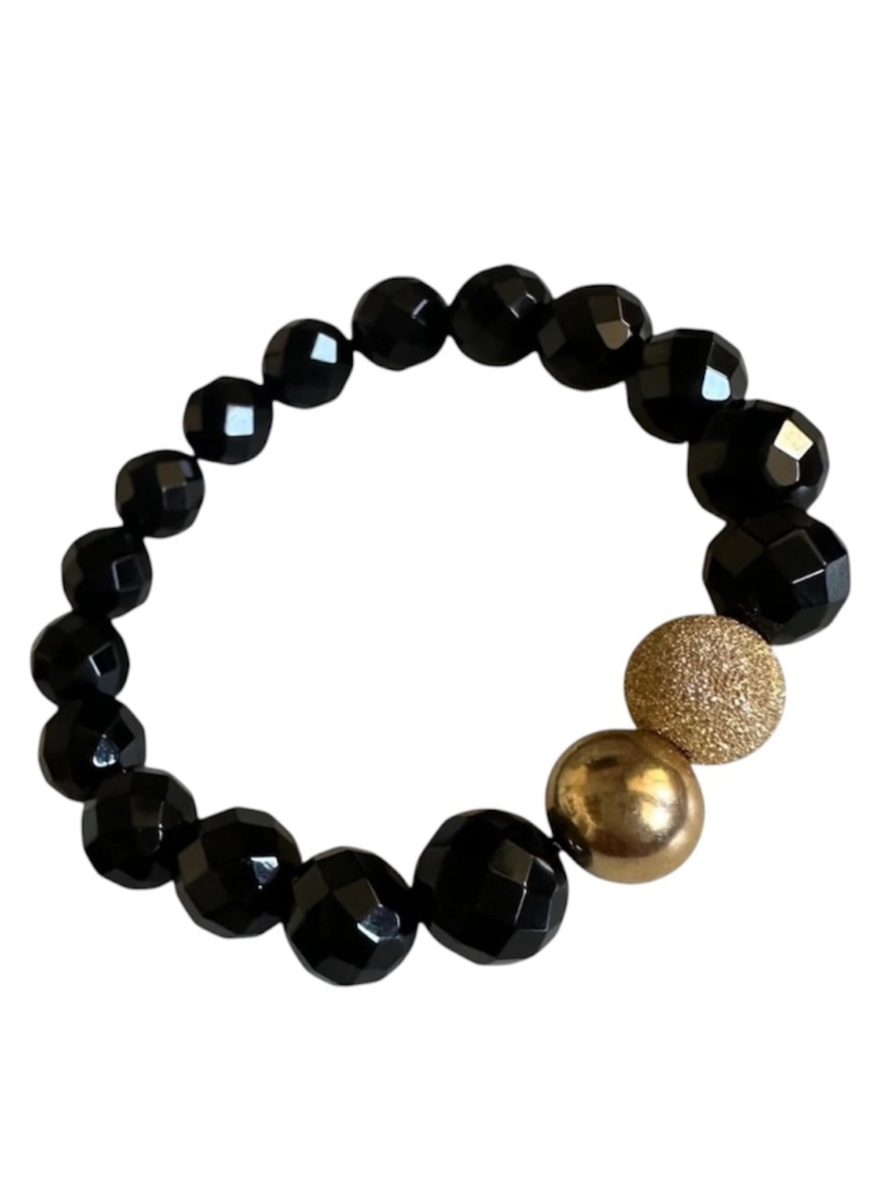 CLASSIC 10mm Faceted Onyx Stretch Bracelet Black Gold 6.25–7.25” 14k GF
